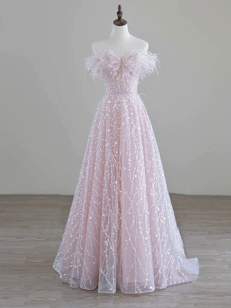 Sparkling Tulle Sequin Long Prom Dress, Off the Shoulder Evening Party Dress