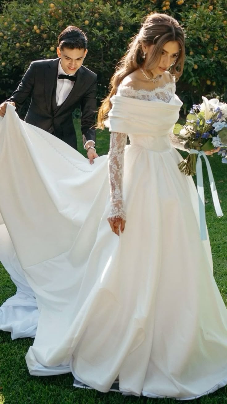 A-Line Off-the-Shoulder Lace Long Wedding Dress - View 2 | FashionDia