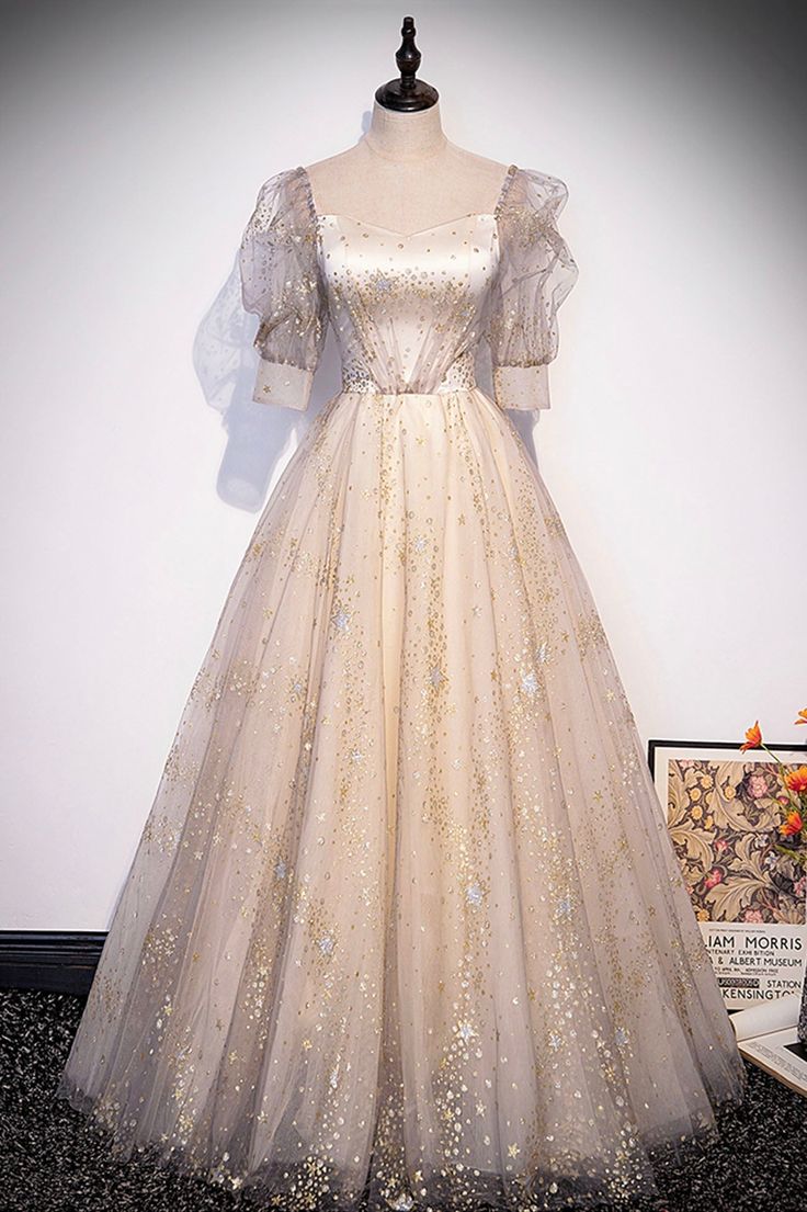 Champagne Tulle Sequins Long Prom Dress, Cute 1/2 Sleeve Party Dress - FashionDia