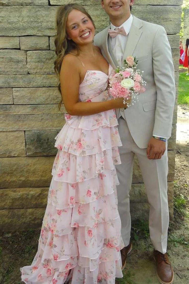 Pink A-Line Strapless Empire-Waist V-Neck Ruffles Print Prom Dress - FashionDia