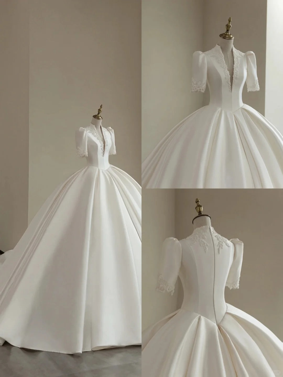 A-Line White Deep V-Neck Short Sleeves Satin Long Princess Wedding Dress - FashionDia