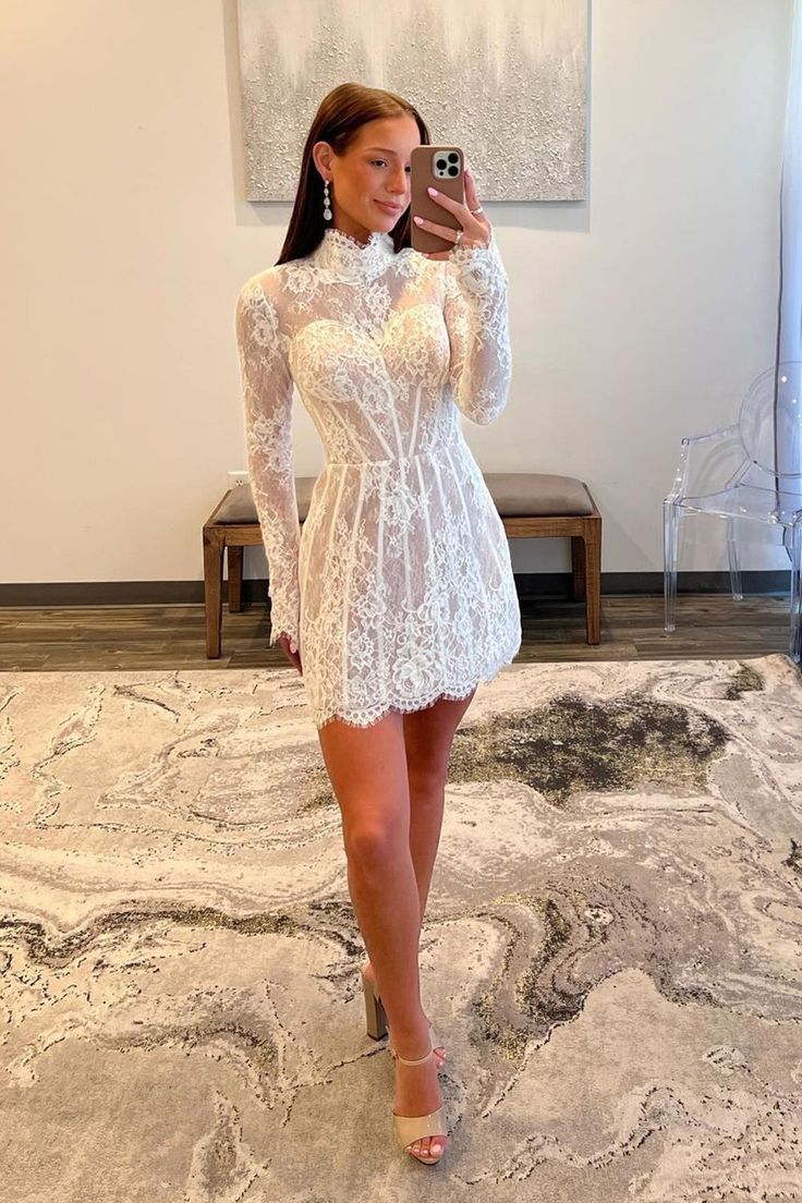A-Line Lace Homecoming Dress With Long Sleeves - FashionDia