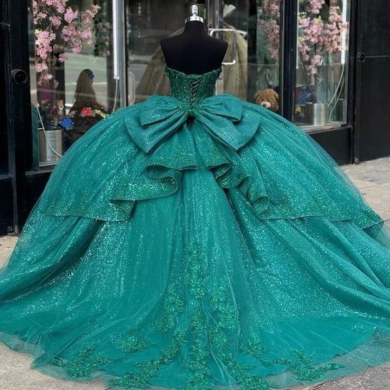 Green Appliques Lace Tull Ball Gown Quinceanera Dress Off The Shoulder Glitter Crystal Corset Dress - View 2 | VelvetHem