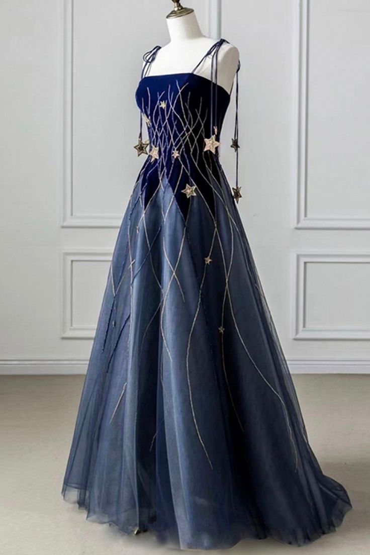 Spaghetti Strap Long Prom Dress with Star, Evening Party Dress - FashionDia