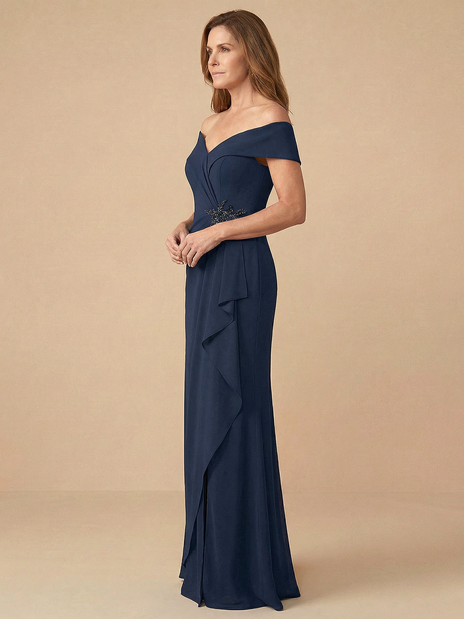 Off the Shoulder Ruffle Chiffon Mother of the Bride Dress with Applique