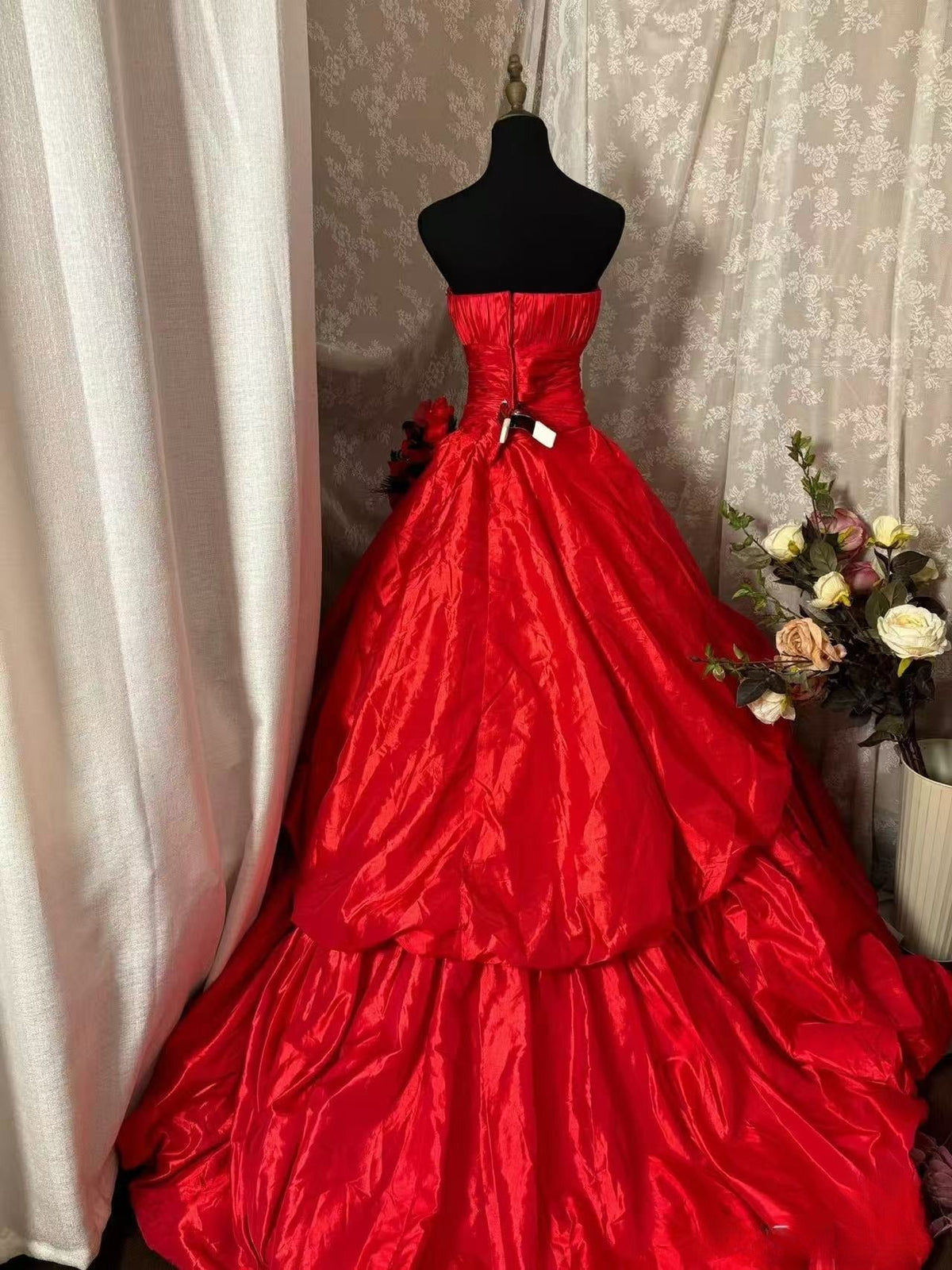 A-Line Red Strapless Vintage Prom Dress Long Evening Dress - View 2 | FashionDia