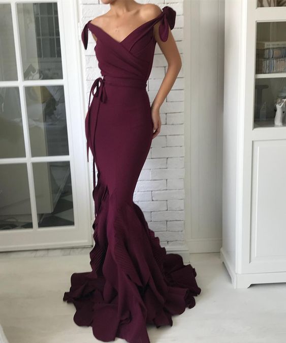 V-Neck Off-the-Shoulder Evening Gown with Elegant Bow Tie at Waist - FashionDia