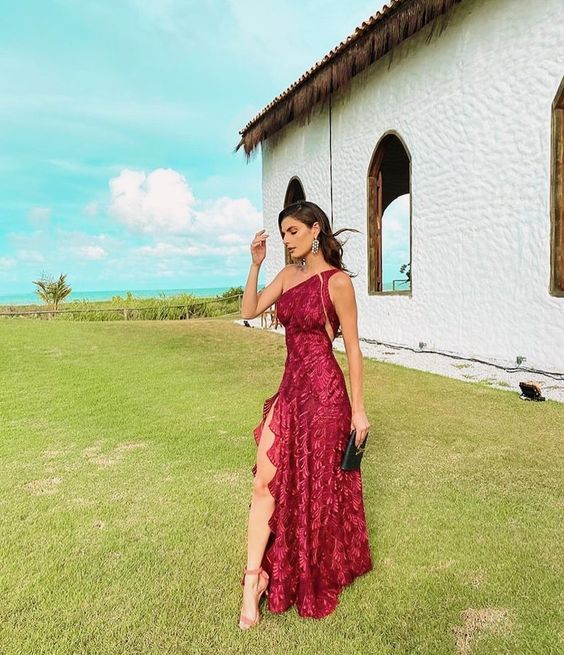 Burgundy Long Evening Dresses One-Shoulder Floor-Length A-Line Elegant Prom Party Gala Special Events Dress - View 2 | FashionDia