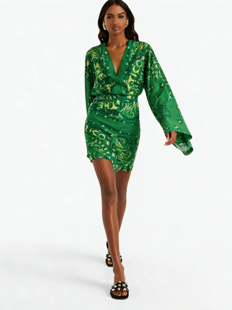Green Paisley Kimono Sleeve Mini Dress