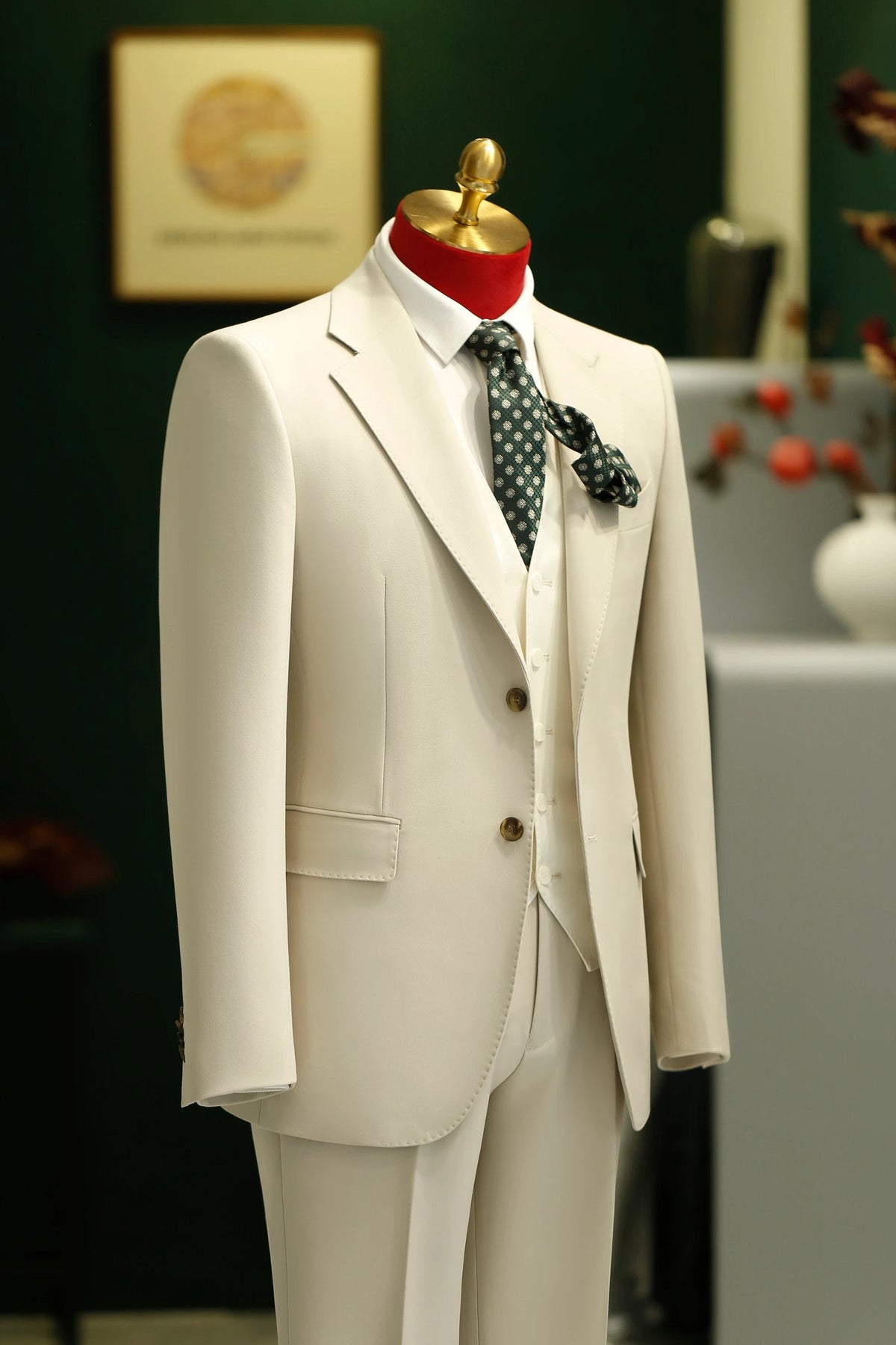 Cream Three Piece Wool Suit For Summer Wedding Groom Attire (ZD17093)