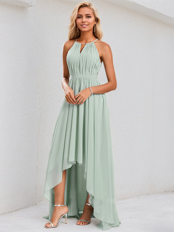Agave Chiffon A Line Halter Neck Sleeveless Asymmetrical Bridesmaid Dress With Ruffle
