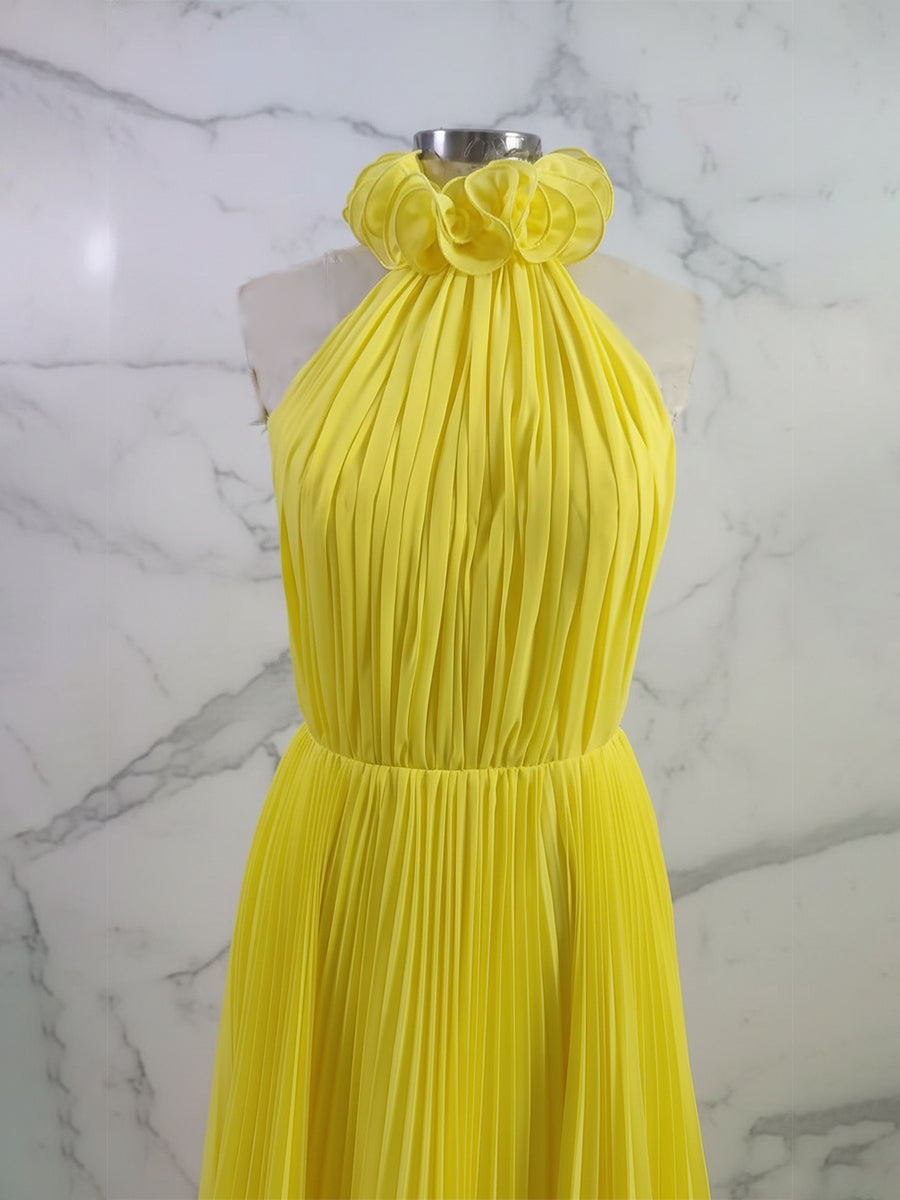 Yellow Pleated Halter Ruffle Long Prom Dress