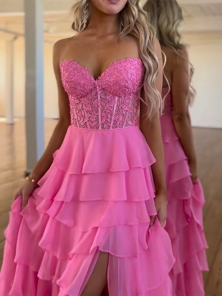 A-Line Sweetheart Neck Lace Chiffon Long Prom Dress, Lace Long Formal Dress - View 3 | FashionDia