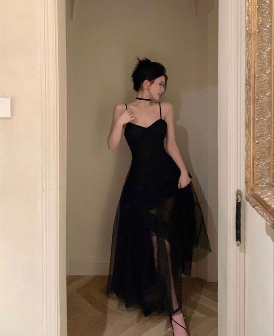Simple Tea Length Prom Dresses, Straps Black Formal Graduation Evening Dresses