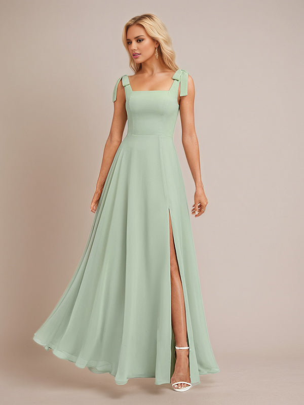 Sage A Line Chiffon Square Neck Floor Length Bridesmaid Dress With Bow