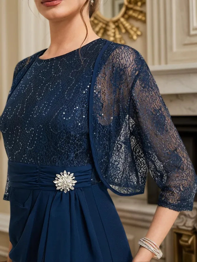 Purplish blue Women Lace Crew Neck Half Sleeve Dress With Coat Two-Piece Set - View 5 | FashionDia