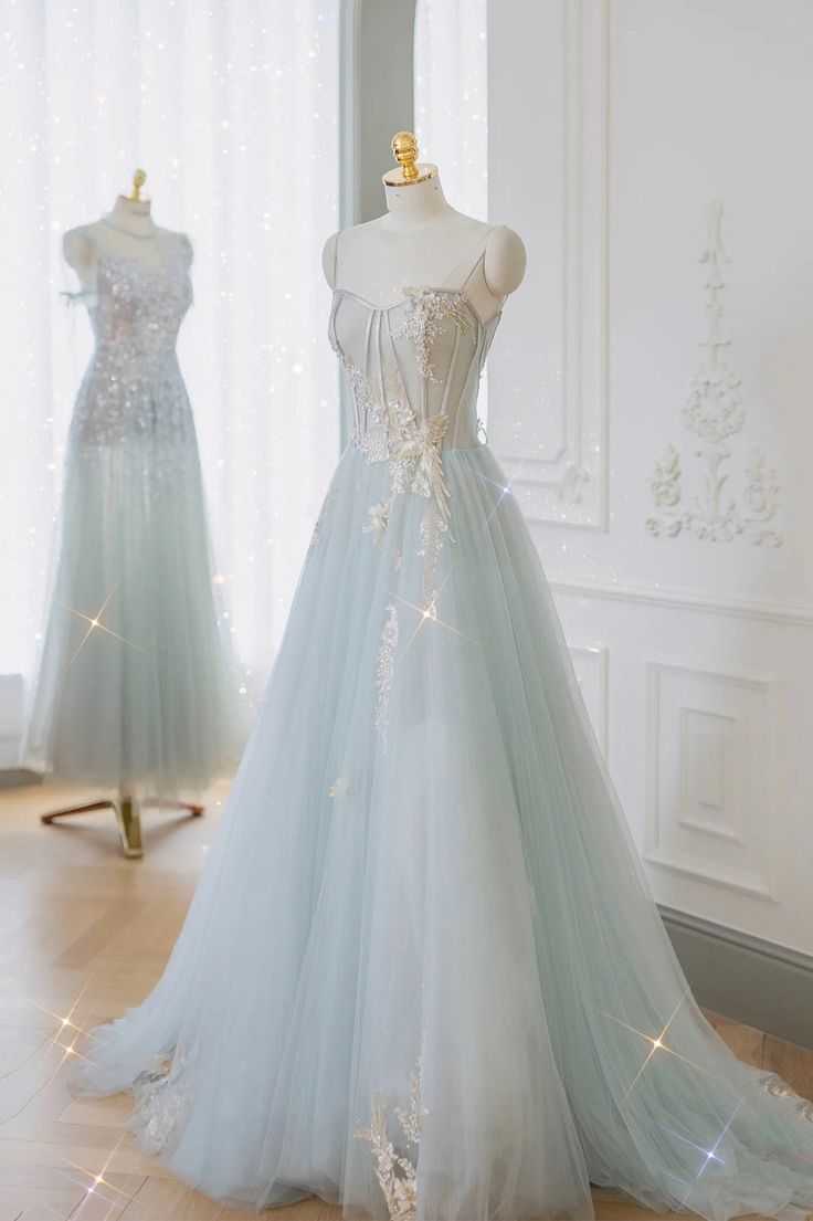 Blue Tulle Lace Long Prom Dress, A-Line Strapless Evening Dress - FashionDia