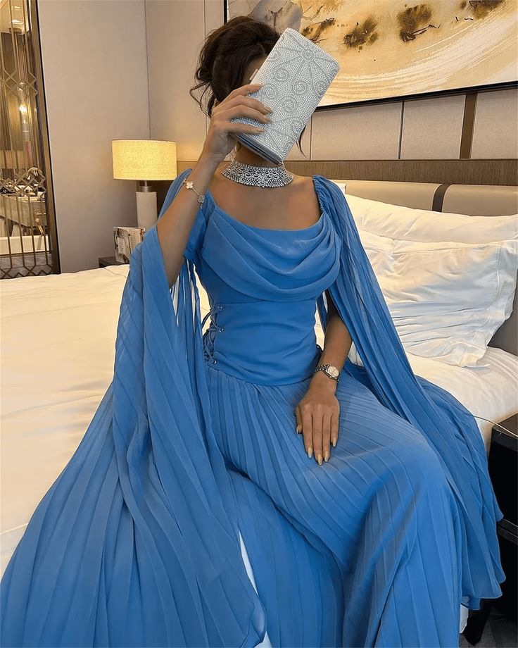 Elegant Blue Chiffon Prom Dresses,A-Line Ankle Length Party Dress - FashionDia