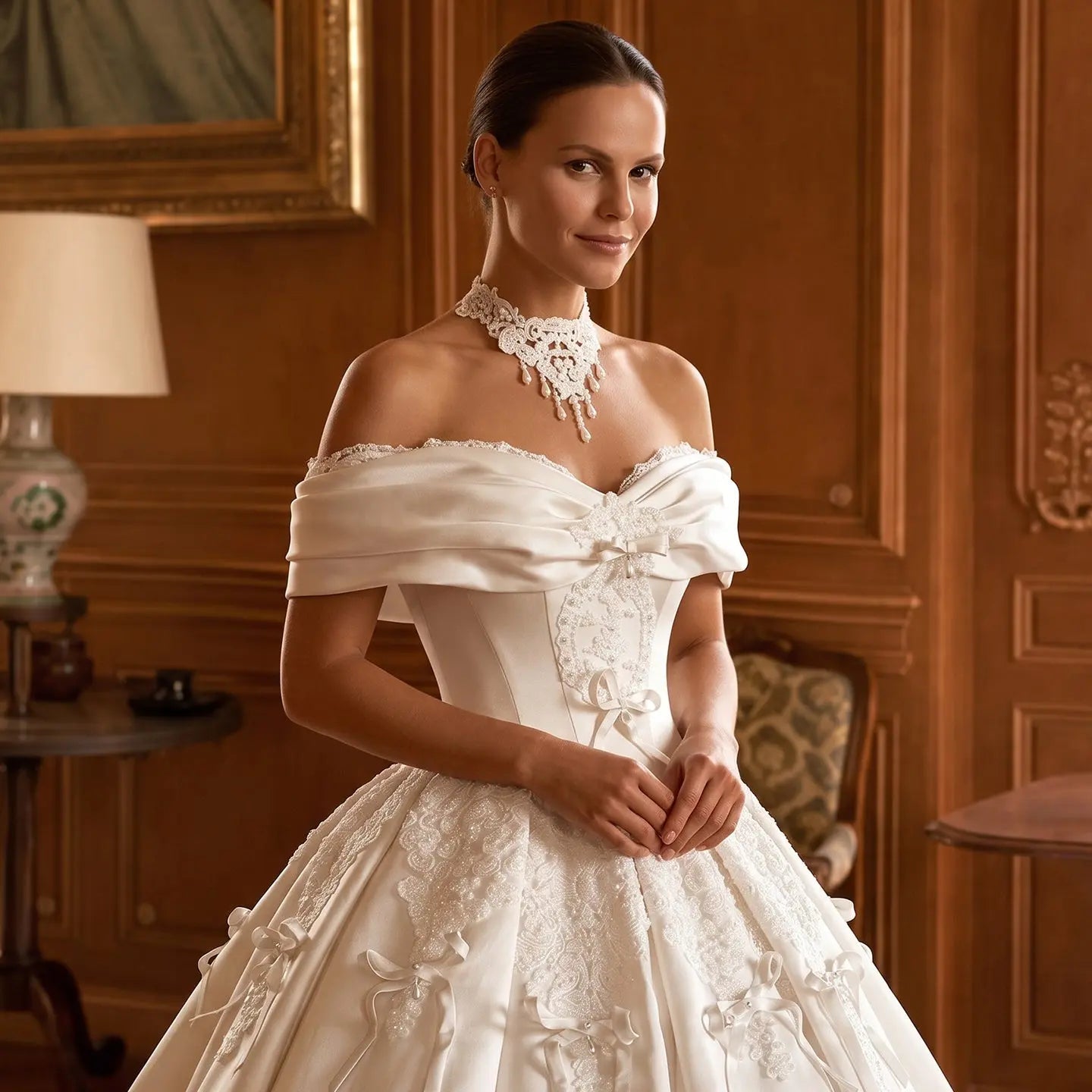 Off the Shoulder White Satin Ball Gown Wedding Dress with Long Cathedral Train ZP017
