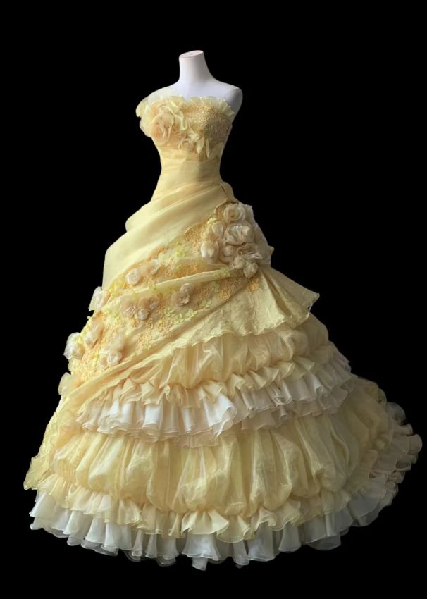 Yellow Pleated Layered Puff Sweet 15 Ball Gown Pleated Wedding Dress fg8297