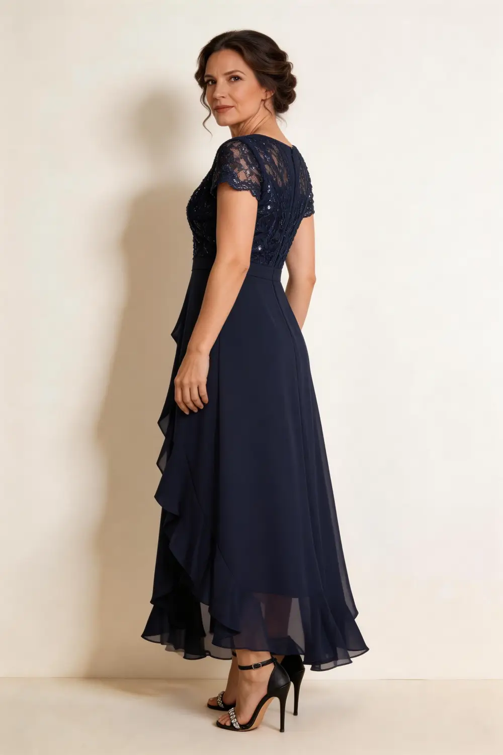 Navy Blue Lace Sequin Bodice Chiffon High Low Mother of the Bride Dress (ZD17161)