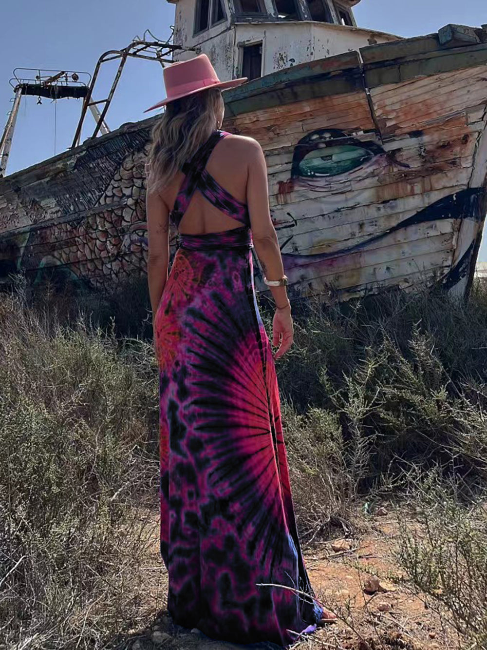 Tie dye Print V neck Cross Back Straps Stretch Maxi Dress