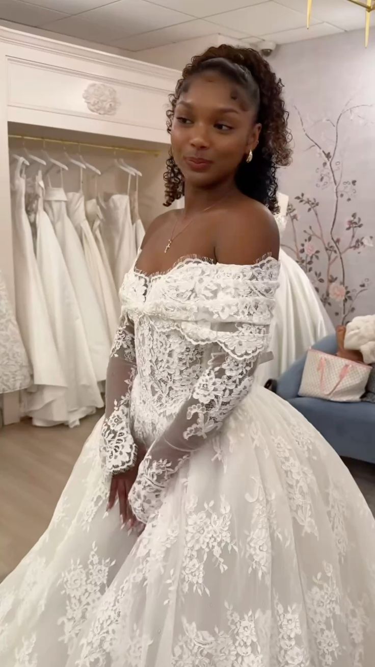 Off Shoulder Lace A-Line Wedding Dress, Long Sleeves Lace Bridal Gown   fg7623