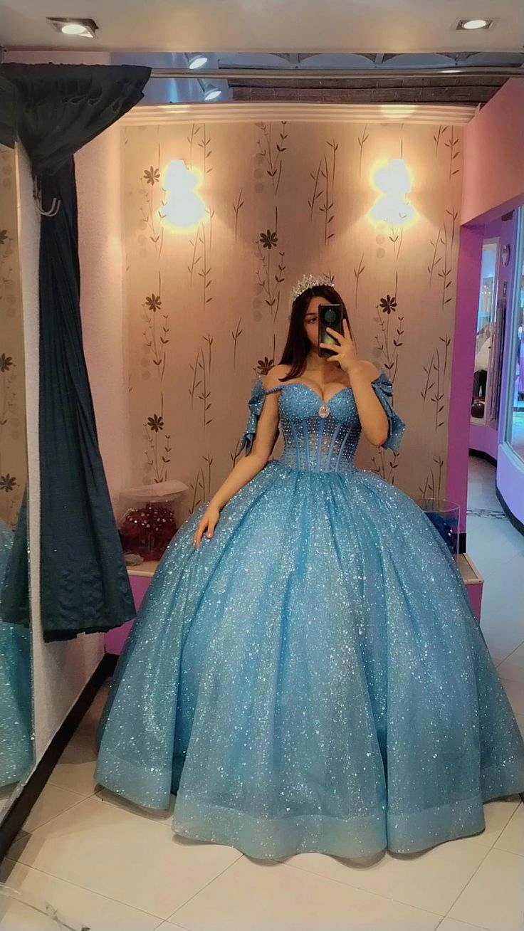 Sparkly Blue Quinceanera Dress Off Shoulder A Line Birthday Party Princess Ball Gown - VelvetHem