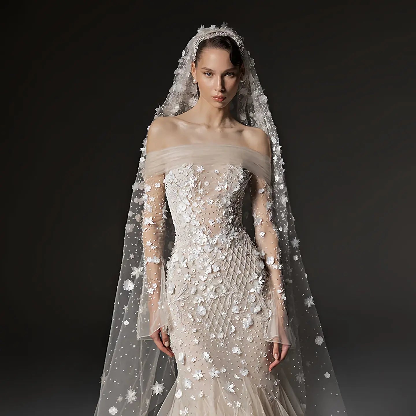 Glamorous Champagne Off-the-Shoulder Beaded Floral Mermaid Wedding Dress with Veil ZP078