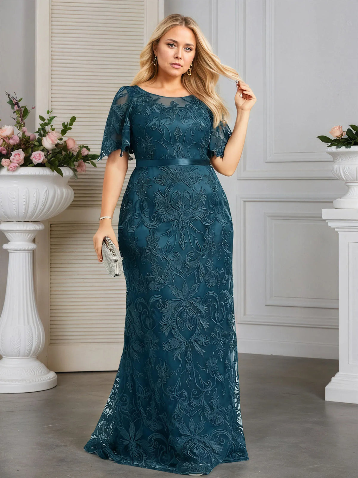 A-line Scoop Neck Floor-Length Lace Evening Dress With Appliques - View 8 | FashionDia