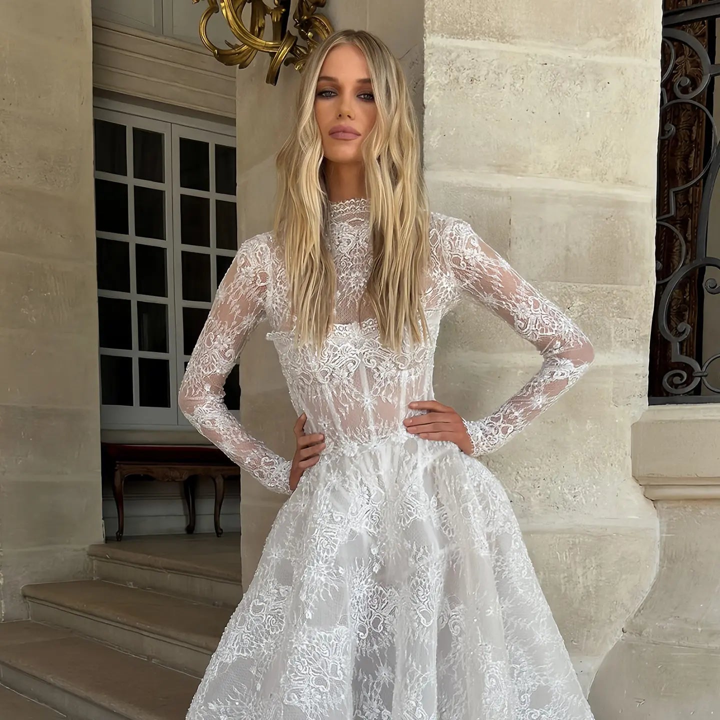 Elegant White High Neck Long Sleeve Lace A-Line Wedding Dress ZP077
