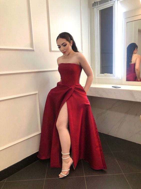 A-Line Satin Long Prom Dresses, Split Evening Party Dress - FashionDia