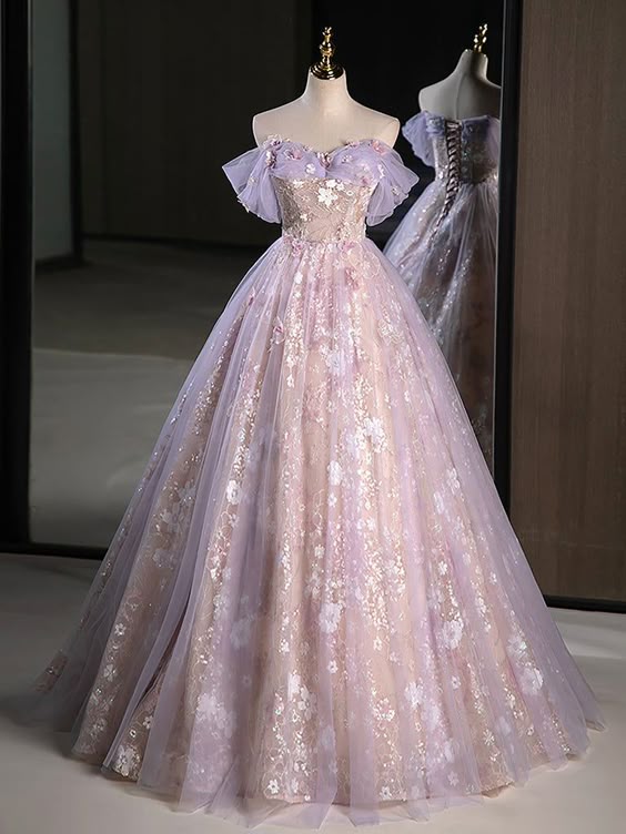 A-Line Off-the-Shoulder Tulle Lace Purple Long Prom Dress, Purple Formal Dress - FashionDia