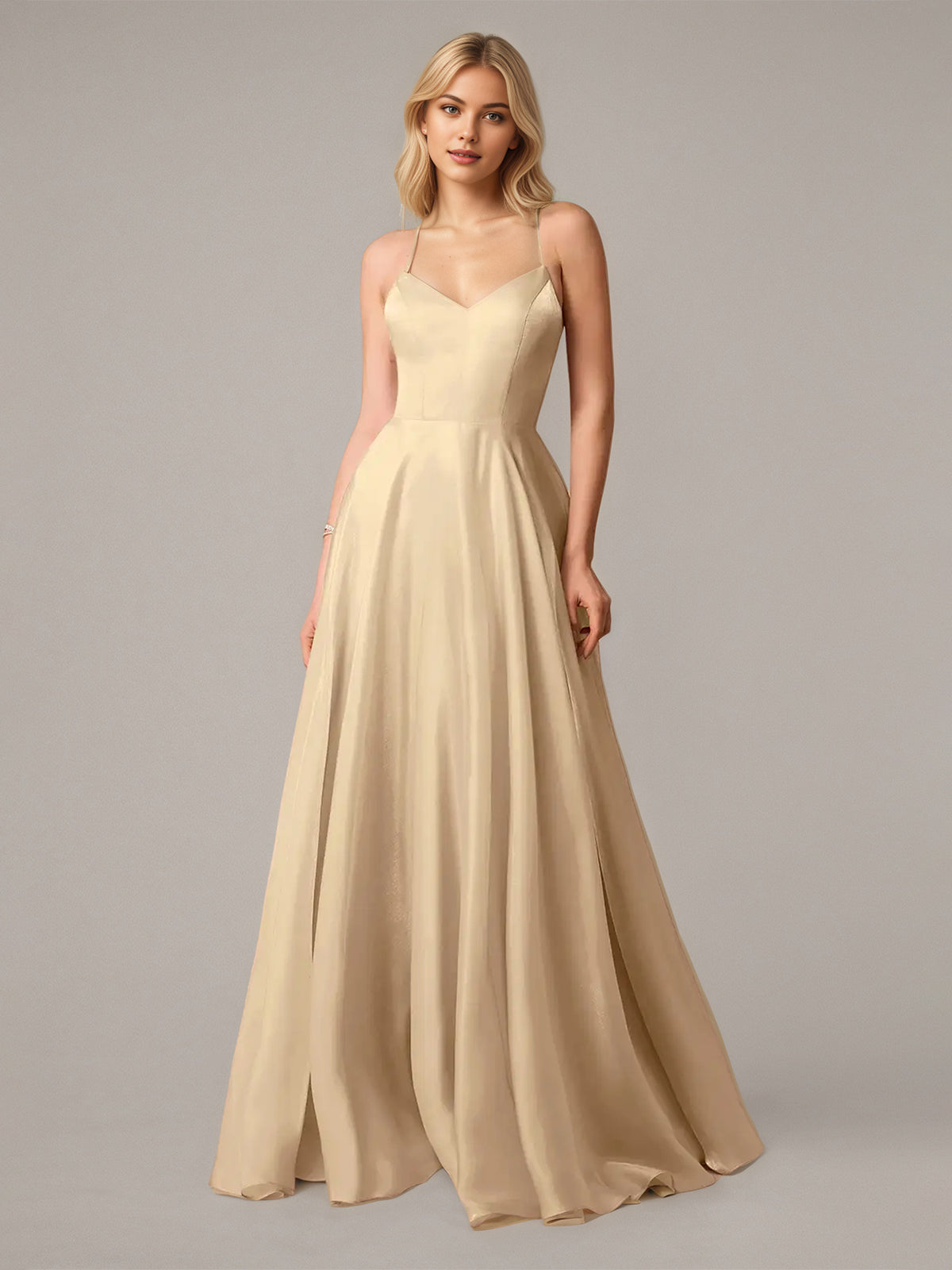 Champagne A Line Spaghetti Straps Sleeveless Floor Length Dress - VelvetHem