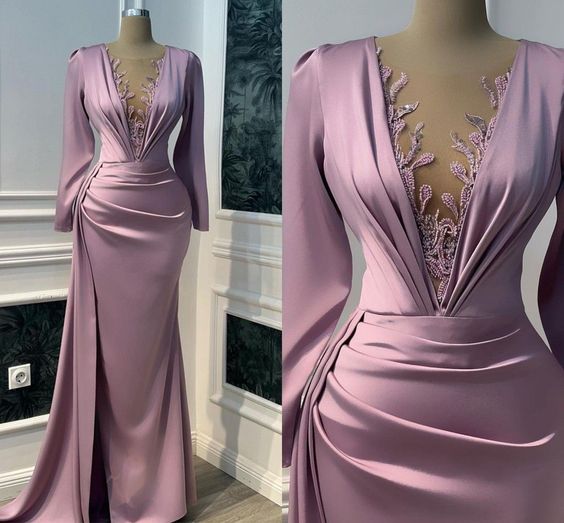 Vintage Prom Dresses Long Sleeve Illusion V-Neck Mermaid Evening Dress Floor-Length Saudi Arabia Cocktail Party Gowns - FashionDia