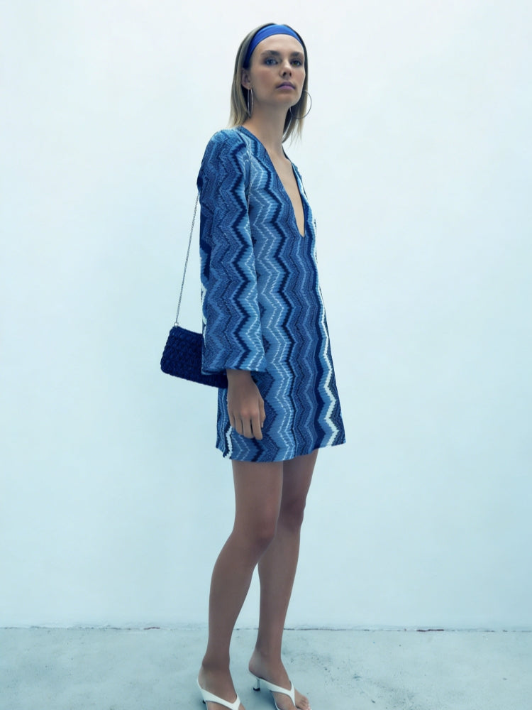 Blue Zigzag Knit Mini Dress