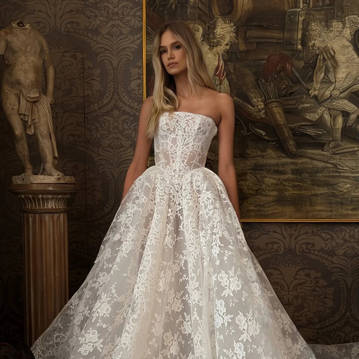 Glamorous White Strapless Floral Lace Wedding Dress with Veil ZP095