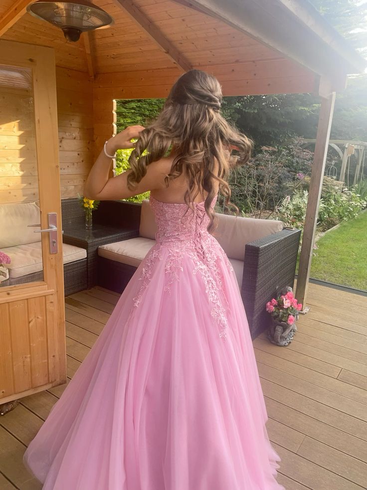 A-Line Strapless Evening Gowns, Pink Long Prom Dress - FashionDia