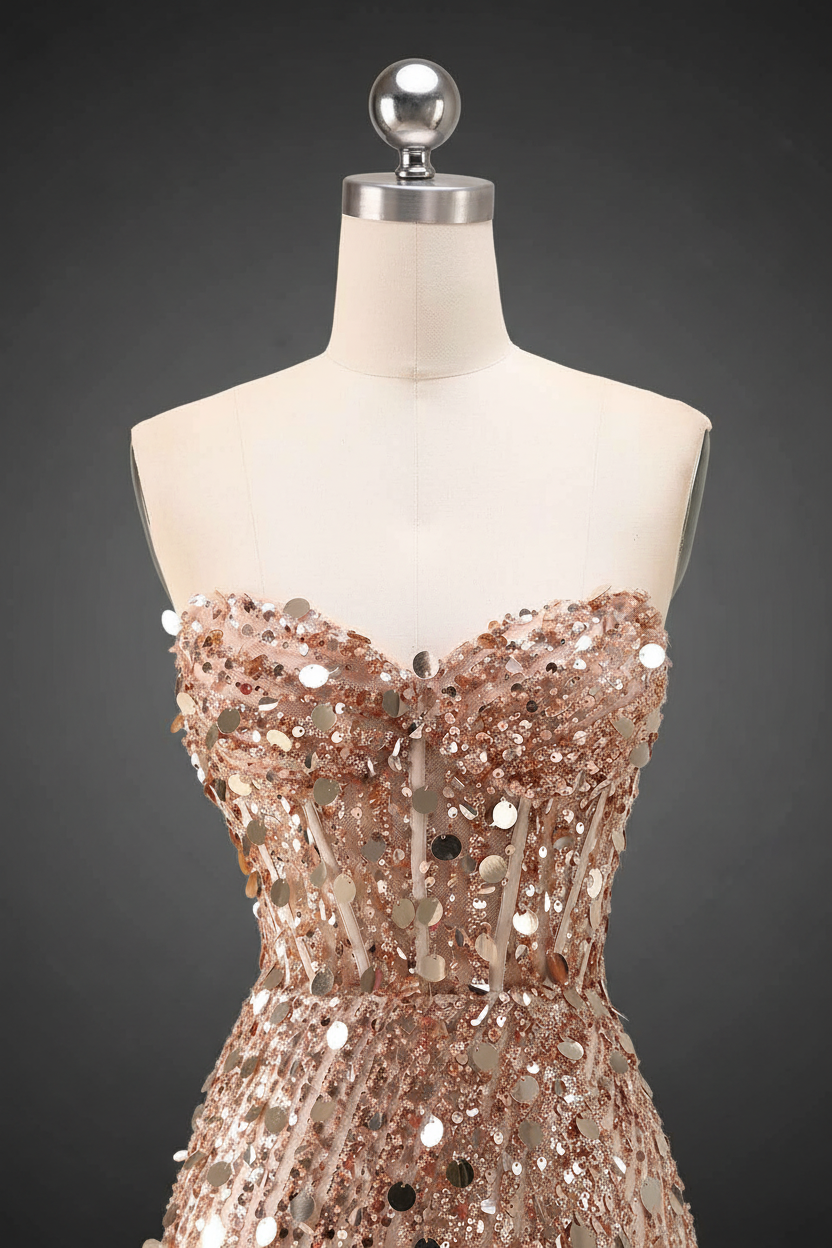 Sparkly Gold Fully Beaded Prom Dress with Deep V Neck Slit and Open Back (ZD17393)