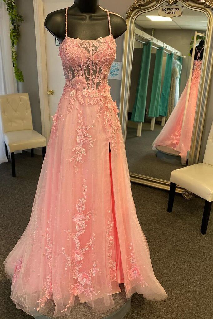 Shiny Straps Pink 3D Floral A-line Long Prom Formal Dress With Slit