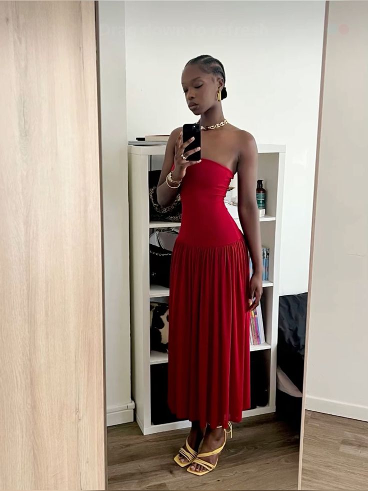 Red Strapless A-Line Long Party Dress Wedding Guest Dress - View 2 | FashionDia