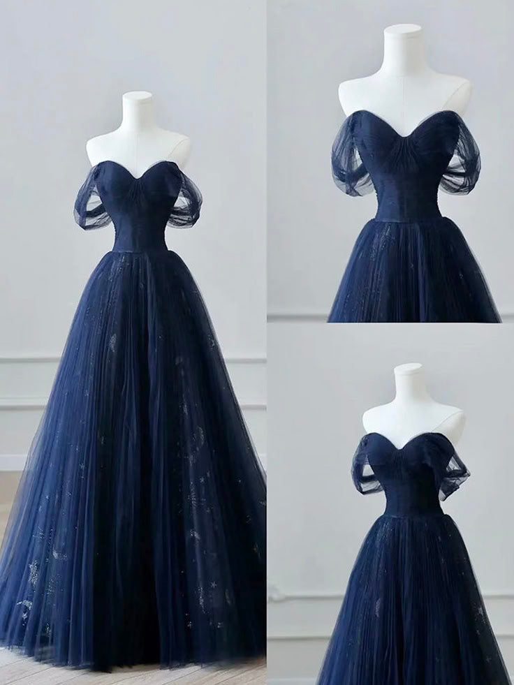 A-Line Off-the-Shoulder Tulle Lace Dark Blue Long Prom Dress, Dark Blue Long Evening Dress - FashionDia