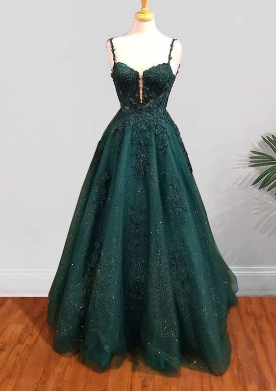A-Line Spaghetti Straps Long/Floor-Length Tulle Prom Dress With Beading Glitter Appliqued - FashionDia