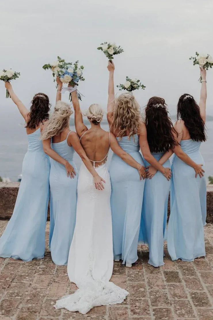 Sheath One Shoulder Light Blue Chiffon Slit Bridesmaid Dress