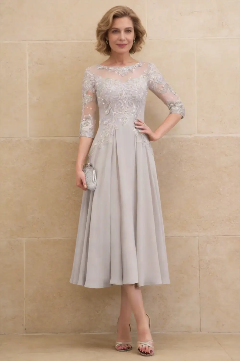 Elegant Silver Gray Lace Chiffon Tea Length Dress For Mother Of The Bride (ZD17155)