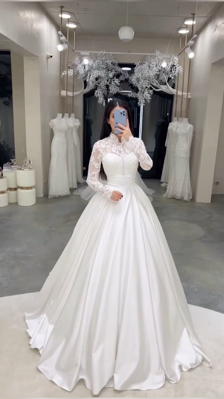 A-Line Satin Lace Long Wedding Dress - FashionDia