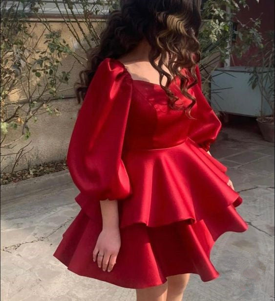 Lovely Red Short Prom Dresses A-Line Puff Long Sleeves Tiers Skirt Homecoming Graduation Dress - FashionDia