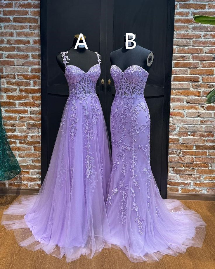 A-Line V-Neck Sweep Train Tulle Prom Dress with Appliqued Beading - FashionDia