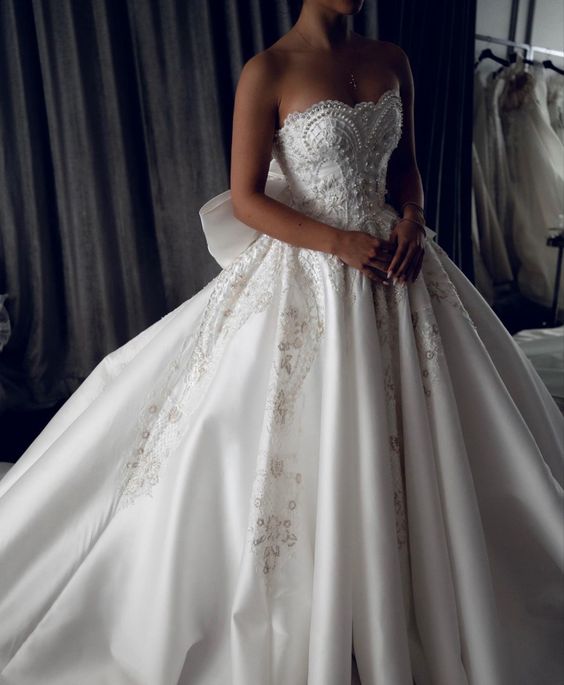 A-line Unique Strapless Satin Vintage Long Wedding Dresses - FashionDia
