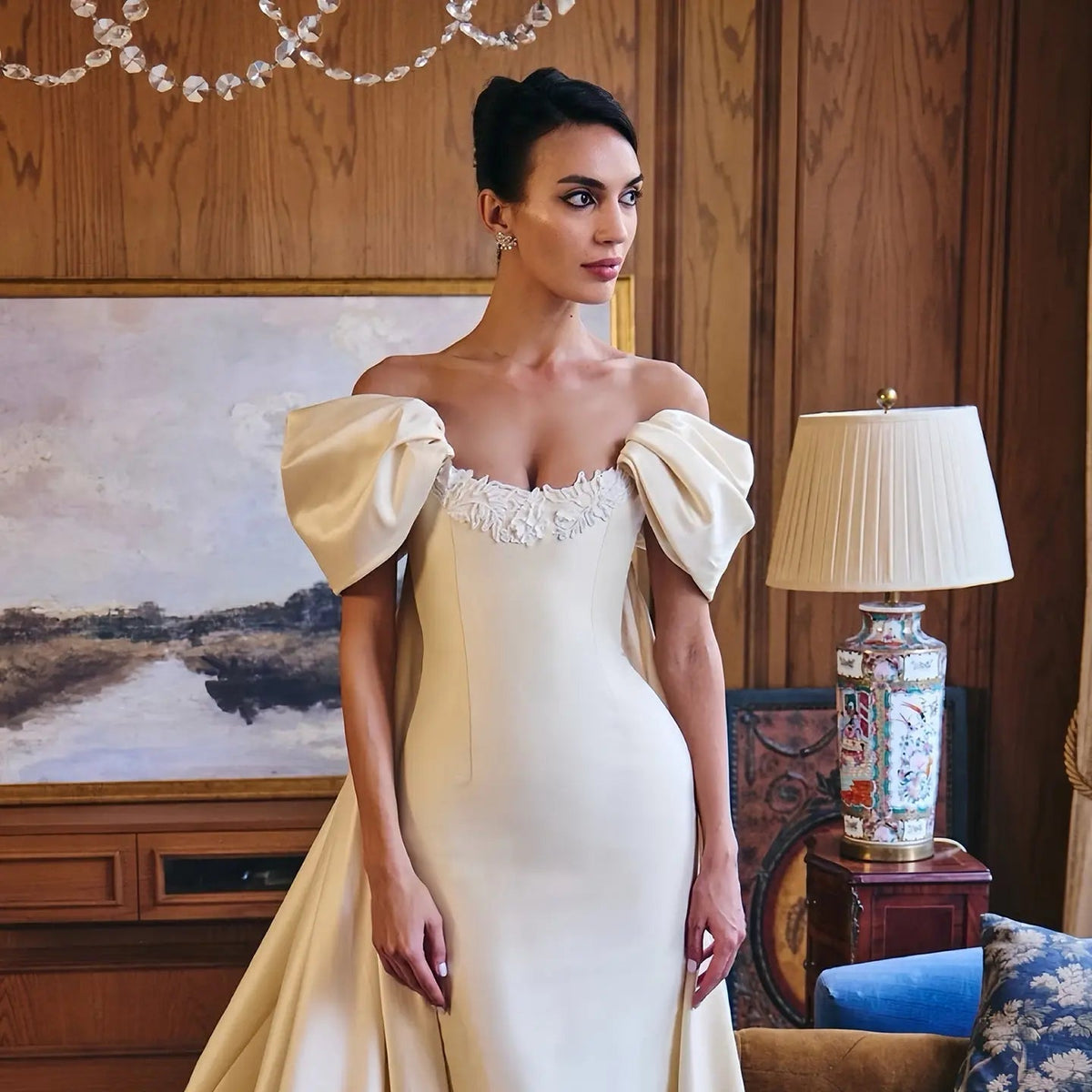 Luxury Ivory Off-the-Shoulder Satin Wedding Dress with Puff Sleeves ZP074